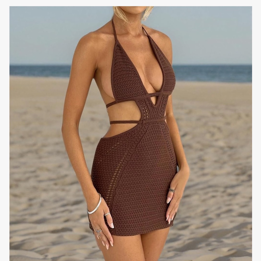 Brown Crochet Halter Cutout Women’s Swim Dress